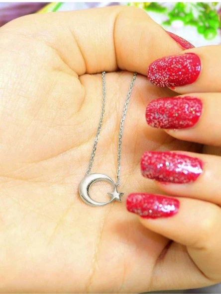 925 Ayar Gümüş Ay Yıldız Kolye Kadın Gümüş Kolye Sade Sevenlere - Resim 2