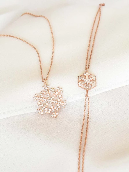 925 Ayar Gümüş Kar Tanesi Rose Gold Kadın Kolye Bileklik Set - 2