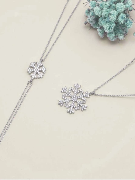 925 Ayar Gümüş Kar Tanesi Kadın Kolye Bileklik Set - Resim 2