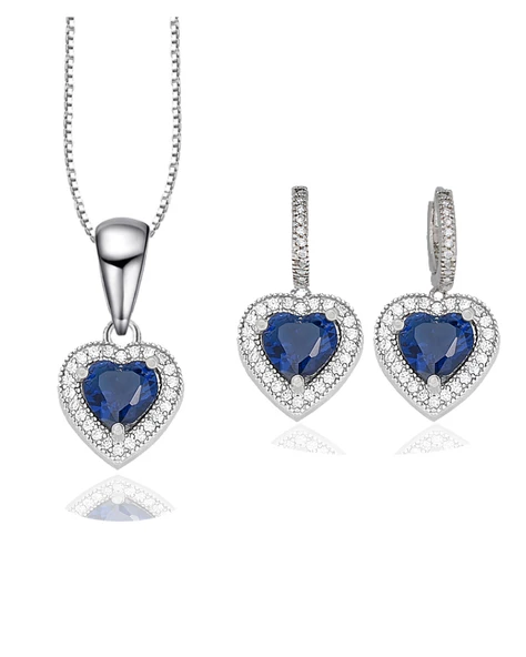 Diamond  Model Lusso Elegant Sapphire Heart Kadın Kolye Küpe Seti ürün görseli