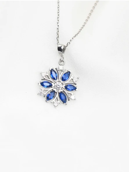Pırlanta Model Kar Tanesi Safir Taşlı Kadın Gümüş Kolye - Resim 4
