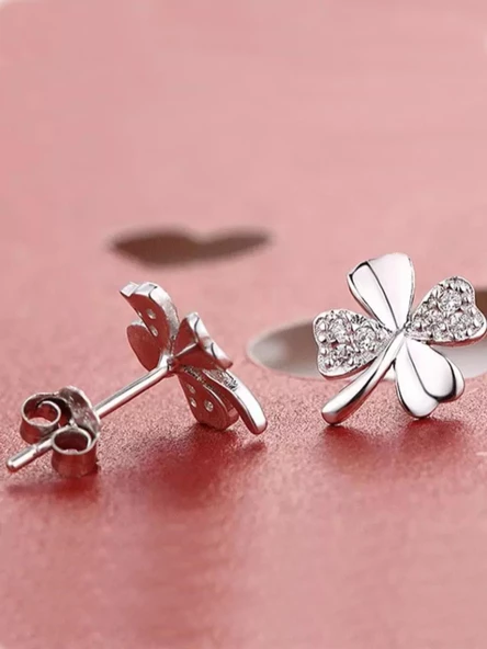 Gümüş 4 Yaprak Yonca Kadın Gümüş Küpe - Resim 3