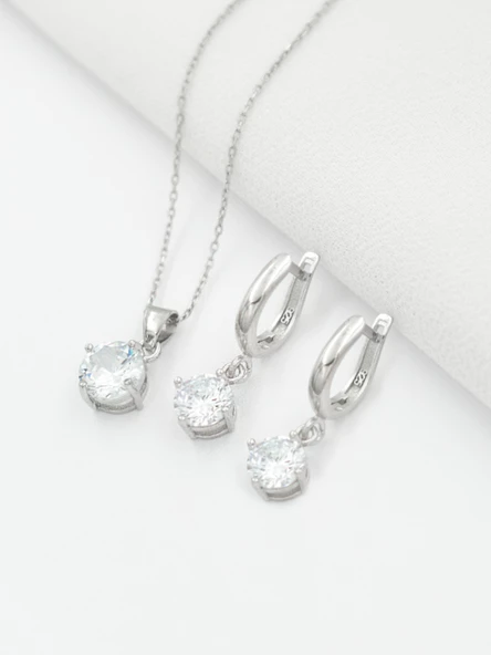 Minimal Grace Zirkon Taşlı Kadın Gümüş Kolye Küpe Set - 2