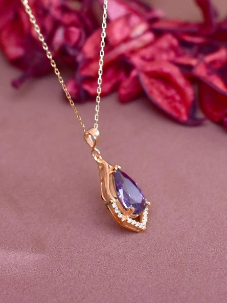 Rose Gold Ametist Taşlı Su Damlası Kadın Gümüş Kolye - Resim 4