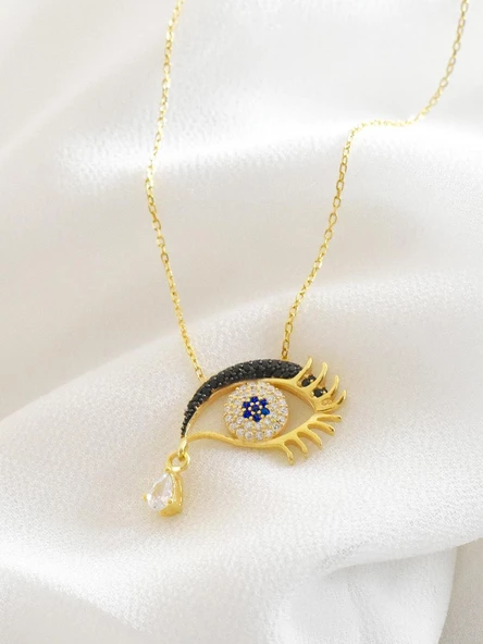 925 Ayar Nazar Gözlü Rimel Kirpikli Damla Taşlı Kadın Gümüş Kolye - 2