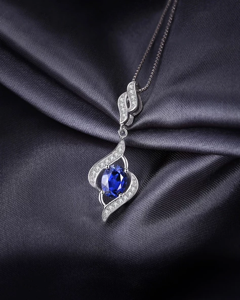 Safir Taşlı Gözyaşı Damla Model Sallantılı Kadın Gümüş Kolye - Resim 2