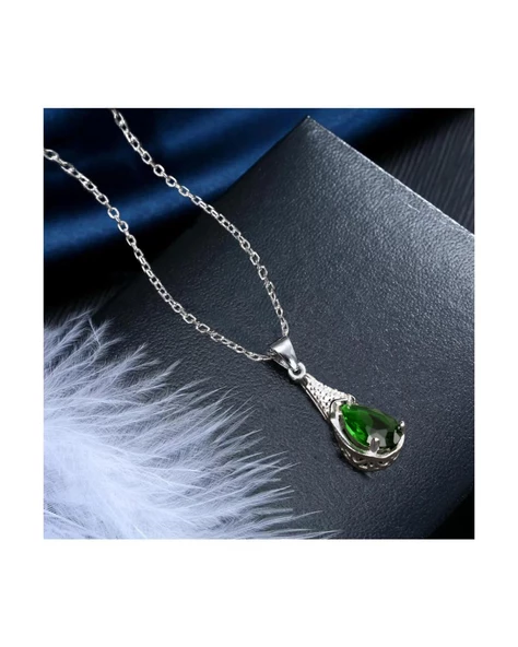 925 Ayar Zümrüt Yeşili Su Damlası Kadın Gümüş Kolye - Resim 2