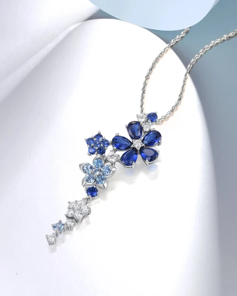 Safir Taşlı Pırlanta Model Çiçek Demeti Kadın Gümüş Kolye - 3