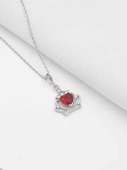 Kırmızı Taşlı Gümüş Kraliçe Tacı Kadın Kolye - Resim 3