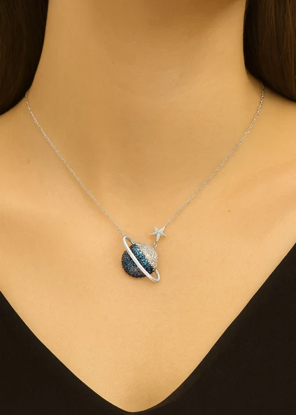 Gezegen Kolye Zirkon Firuze Taşlı Gümüş Kadın Kolye - Resim 3