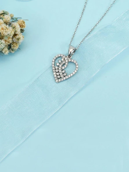 925 Ayar Gümüş Zirkon Taşlı Kalp Buğday Başak Kadın kolye - Resim 3