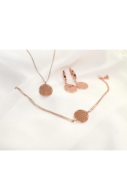 Rose Gold Gümüş Yaşam Çiçeği Kadın Kolye Küpe Bileklik Seti - 2