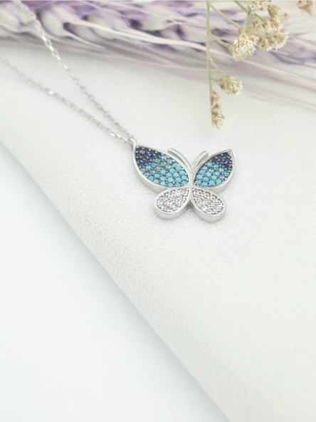 Mavi Geçişli Taşlı Kadın Kelebek Gümüş Kolye - Resim 2