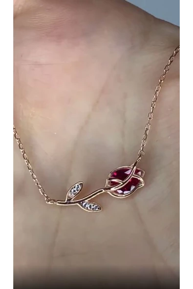 925 Ayar Zirkon Taşlı Kırmızı Gül Kadın Gümüş Kolye - 3