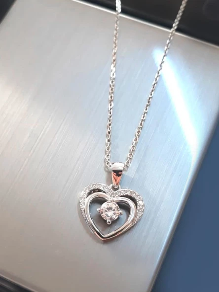 Gümüş Çift Kalp Tektaş Kadın Gümüş Kolye - Resim 4