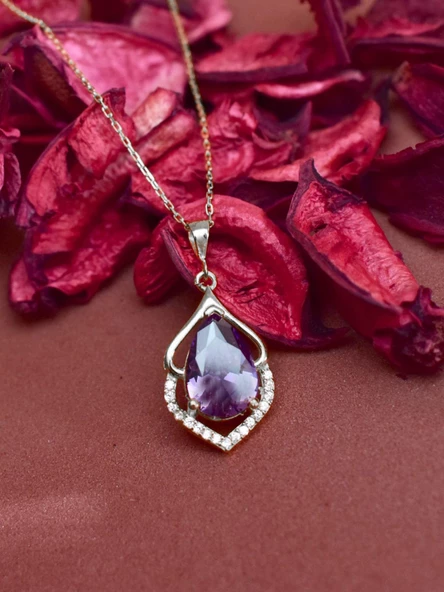 Gümüş Ametist Taşlı Su Damlası Kadın Gümüş Kolye - Resim 3