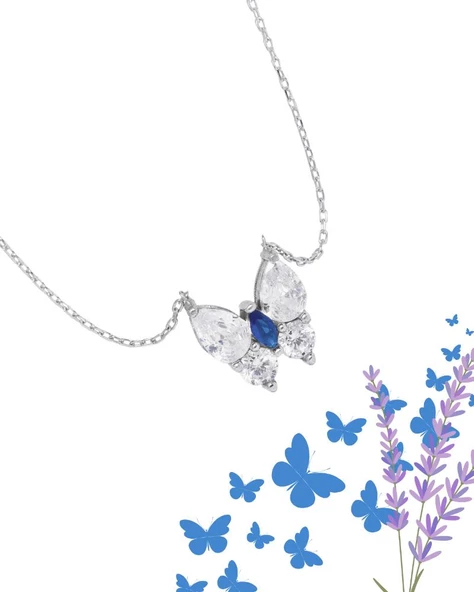 Safir Işıltılı Diamond Sevgi Kelebeği Kadın Gümüş Kolye - Resim 4