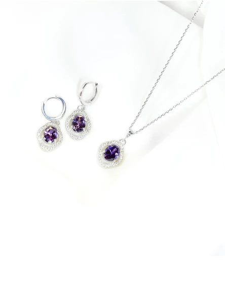 Gümüş Ametist Taşlı Kadın Kolye Küpe Seti Gümüş Kolye Set - 3