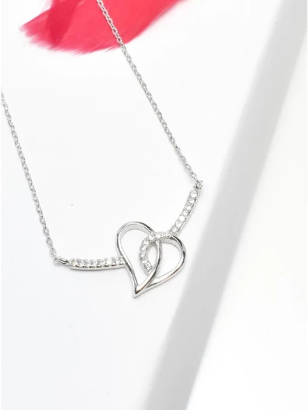 Gümüş Kalbim Kalbinde Çift Kalp Çubuk Kadın Gümüş Kolye - Resim 2