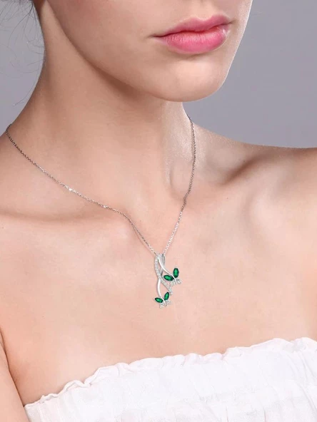 Sonsuzluk Pırlanta Model Zümrüt Taşlı Kelebek Kadın Gümüş Kolye - 2