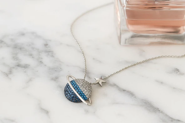 Gezegen Kolye Zirkon Firuze Taşlı Gümüş Kadın Kolye - Resim 2