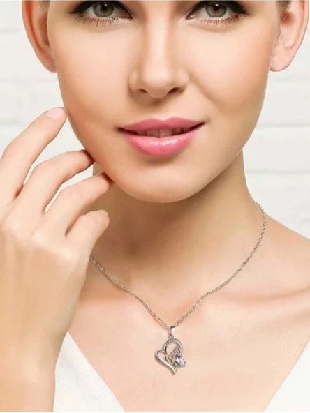 Gümüş Love Yazılı Zirkon Taşlı Kalp Kadın Gümüş Kolye - Resim 2