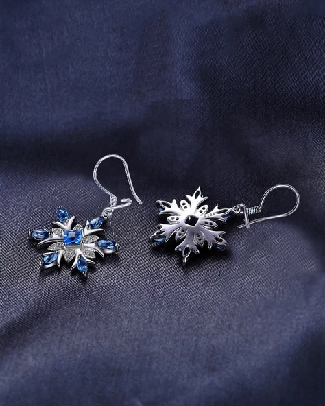 Aquamarin Taşlı Özel Tasarım Kar Tanesi Kadın Gümüş Küpe - Resim 4