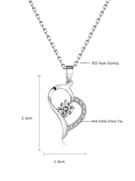 Gümüş Zirkon Taşlı Kadın Kalp Gümüş Kolye - Resim 4