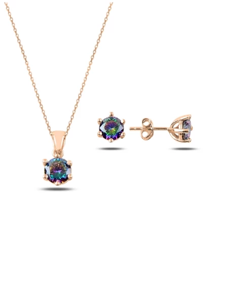 Rose Mistik Topaz Zirkon Taşlı Tektaş Kadın Kolye Küpe Seti