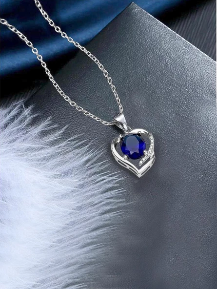 Gümüş Safir Taşlı Kalbimin Yarısı Kadın Kolye - Resim 2