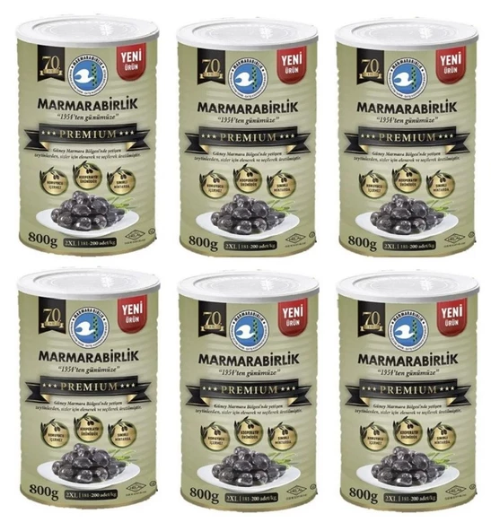 Marmarabirlik Premium 2XL Doğal Salamura Siyah Zeytin 800 Gr Teneke X 6 Adet