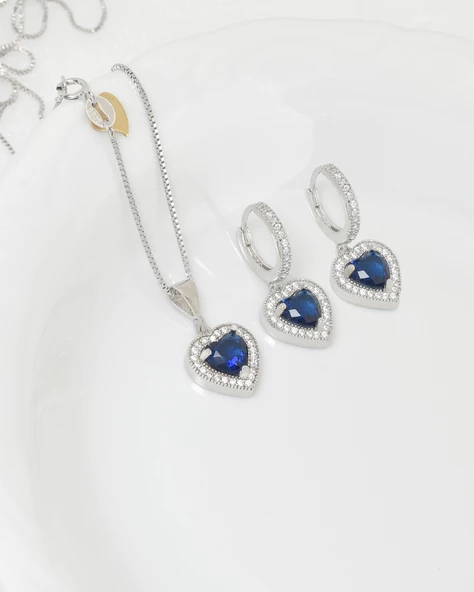 Diamond  Model Lusso Elegant Sapphire Heart Kadın Kolye Küpe Seti - Resim 2