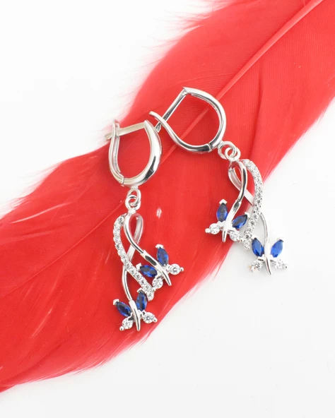 Sonsuzluk Pırlanta Model Safir Taşlı Kelebek Kadın Gümüş Küpe - Resim 2