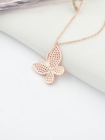 Gümüş Rose Renk Nano Taşlı Kadın Kelebek Gümüş Kolye - Resim 4