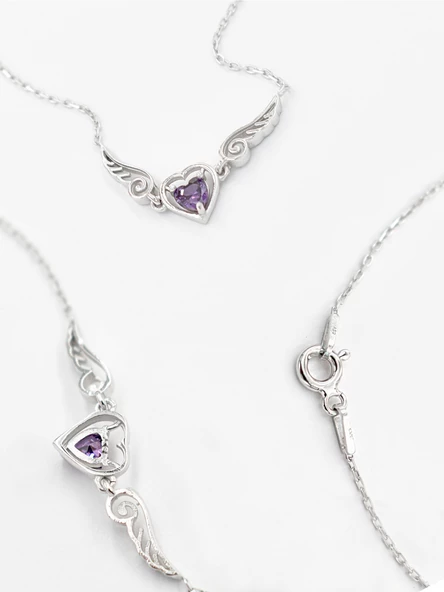 Ametist Taşlı Melek Kanatlı Minik Kalp Kadın Gümüş Kolye - 3