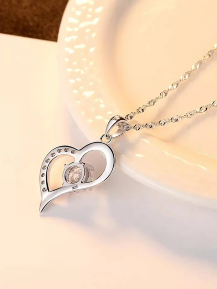 Gümüş Zirkon Taşlı Kadın Kalp Gümüş Kolye - Resim 3