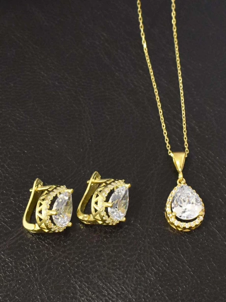 Damla Model Zirkon Taşlı Gümüş Kolye Küpe Seti Altın Kaplama - 3
