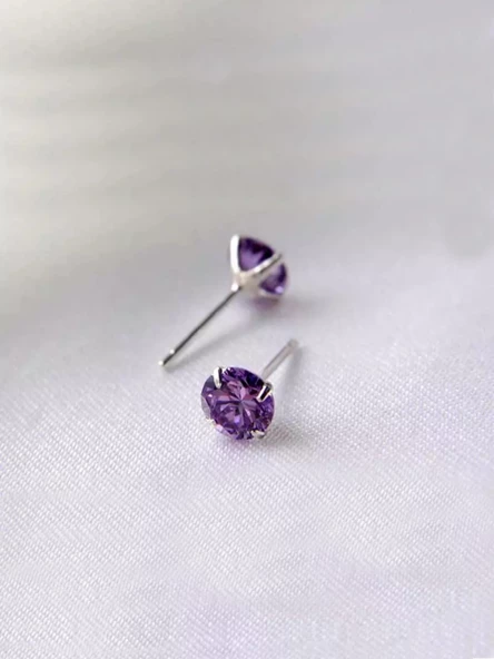 925 Ayar Ametist Taşlı Mor Renk Yuvarlak Tektaş Kadın Gümüş Küpe - Resim 2