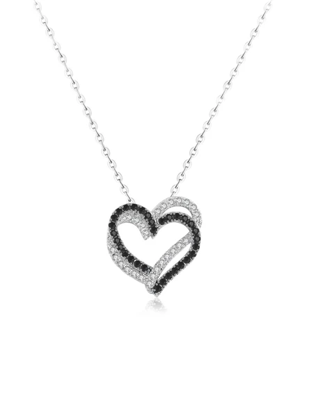 Kalbimde Çift Kalp Siyah Beyaz Taşlı Kadın Gümüş Kolye ürün görseli