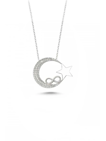 925 Ayar Gümüş Zirkon Taşlı Ay Yıldız & Sonsuzluk Kolye ürün görseli