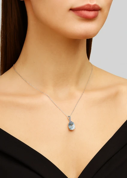 Gümüş Deniz Mavisi Zirkon Taşlı Damla Kadın Kolye - Resim 2