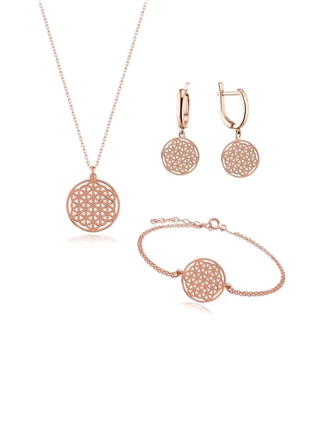 Rose Gold Gümüş Yaşam Çiçeği Kadın Kolye Küpe Bileklik Seti