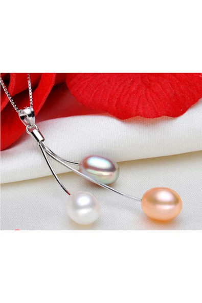 Gümüş Zarif Tasarım Tatlı Su İncisi Kadın Kolye Küpe Seti - Resim 2