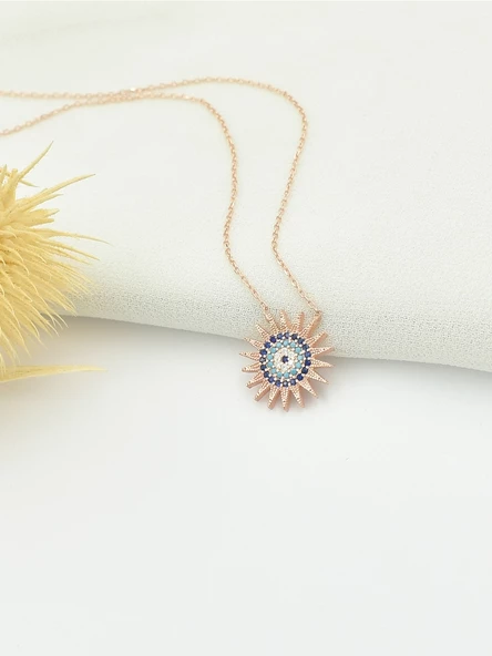 925 Ayar Gümüş Nazar Gözlü Güneş Figürlü Kadın Kolye - Resim 2