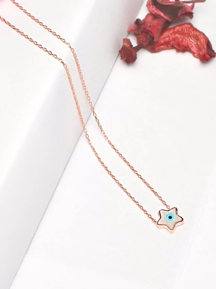 925 Ayar Sedef Taşlı Yıldız Model Nazar Gözlü Rose Gümüş Kolye - Resim 2