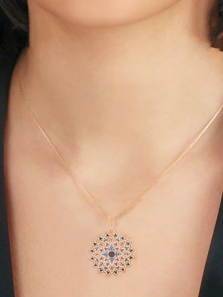 Renkli Taşlı 925 Ayar Gümüş Yaşam Çiçeği Kadın Kolye - Resim 2