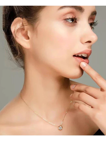 Altın Kaplama Zirkon Taşlı Yuvarlak Kadın Gümüş Kolye - Resim 2