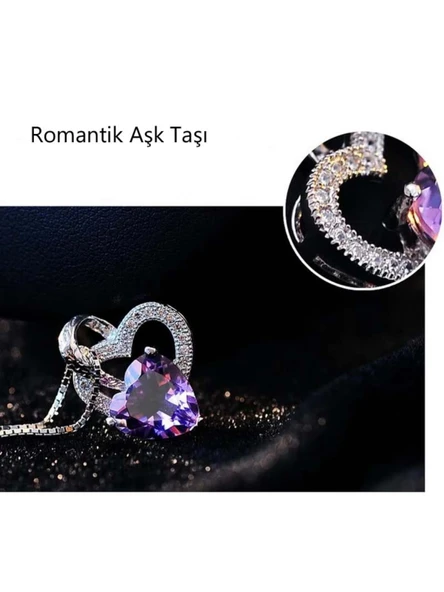 Gümüş Ametist Taşlı Çift Kalp Kadın Gümüş Kolye - Resim 4