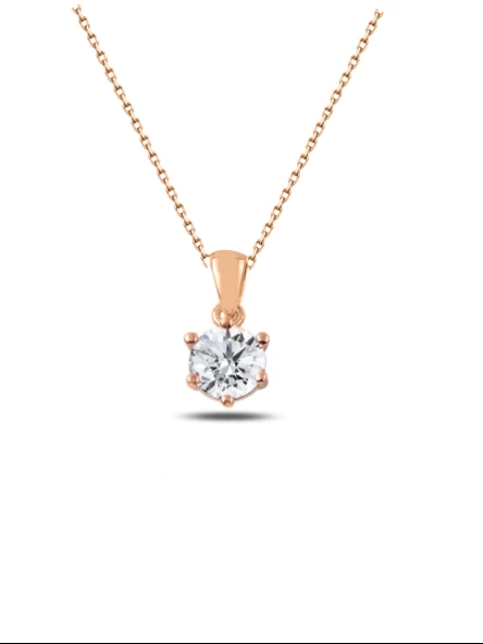 925 Ayar Gümüş Zirkon Taşlı Rose Renk Kadın Tektaş Gümüş Kolye ürün görseli