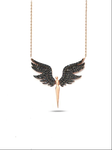 925 Ayar Gümüş Melek Siyah Zirkon Taşlı Kadın Kolye ürün görseli